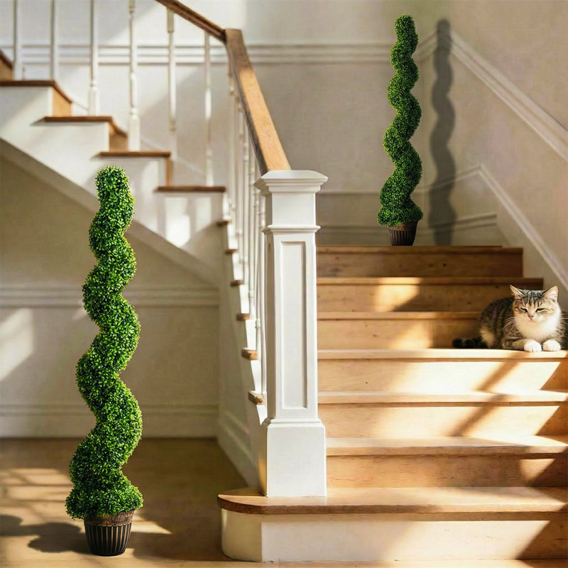 Faux Boxwood Tree Plant in Cement Freestanding  Planter, 150cm H x 26cm W x 26cm D
