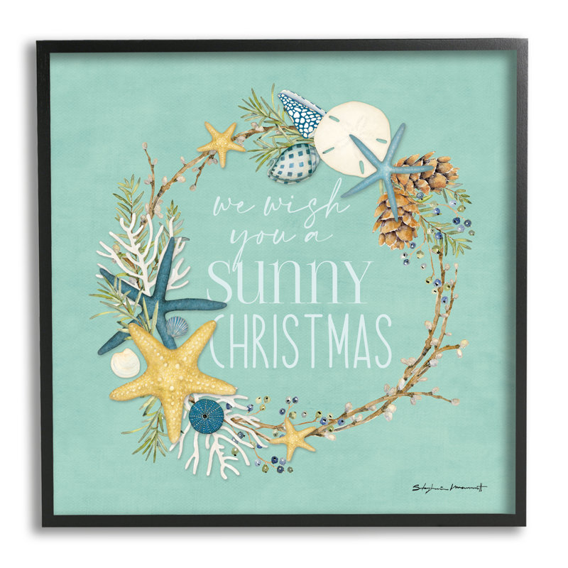 Wish You A Sunny Christmas Wreath by Stephanie Workman Marrott - Floater Frame Print on Wood, Midnight Black Framed Giclee
