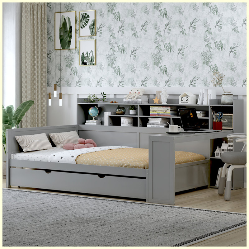 Lit de jour en bois avec tablettes de rangement, lit multifonctionnel avec lit gigogne simple et bureau, Complet/Double