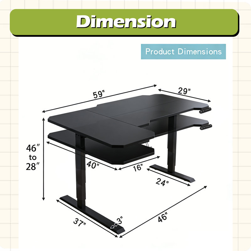 L-Shaped 59" Height Adjustable Electric Standing Desk, Black/Black