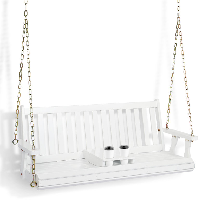 Ambrie 2 Person Solid Wood Porch Swing with 2 Cup Holders, White