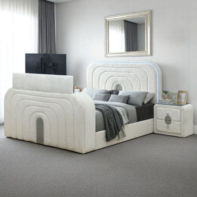 Shelyn Teddy Sherpa & Chrome Queen Bed W/LED, TV Cabinet, Fireplace & Bluetooth