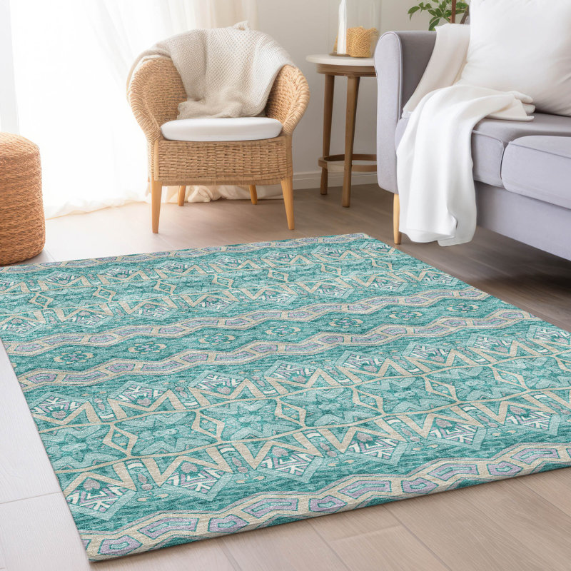 Tapis bleu sarcelle lavable à la machine Premium Prisco, Rectangulaire 8 pi x 10 pi
