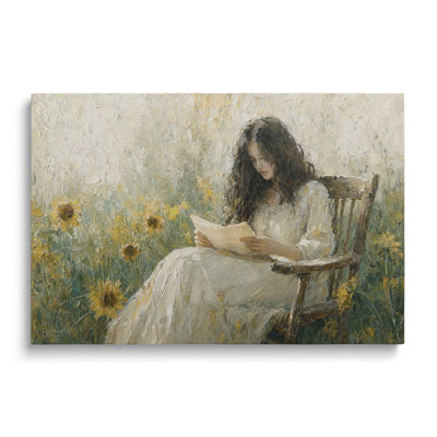 Reproduction sur toile d'une peinture représentant une femme lisant dans un champ de tournesols - 51 x 76 cm