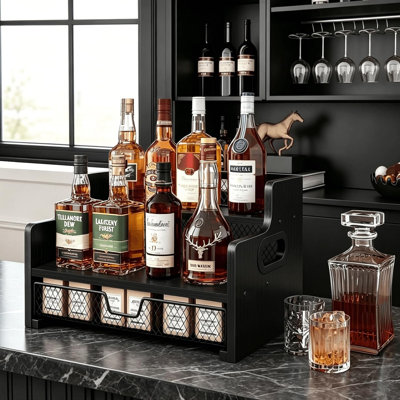 Coffee Syrup Rack Organizer, 3-Tier 8 Bottles Syrup Holder Stand with 35 K Cup Storage Basket Drawer for Coffee Bar, Wood Liquor Shelf Wine Rack Countertop for Home