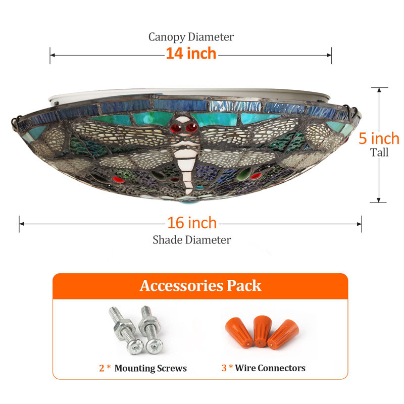 Bourbana 3-Light 16" Tiffany flush mount ceiling light, Green/Blue/Gold/Red