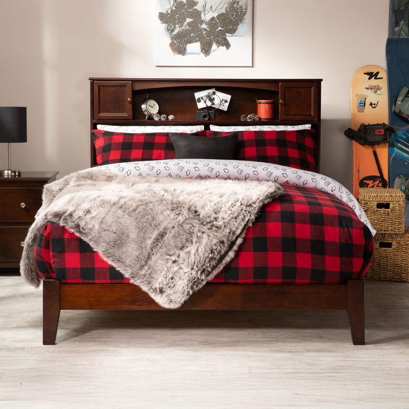 Brevyn Solid Wood Foundation Bed with Bookcase, Walnut