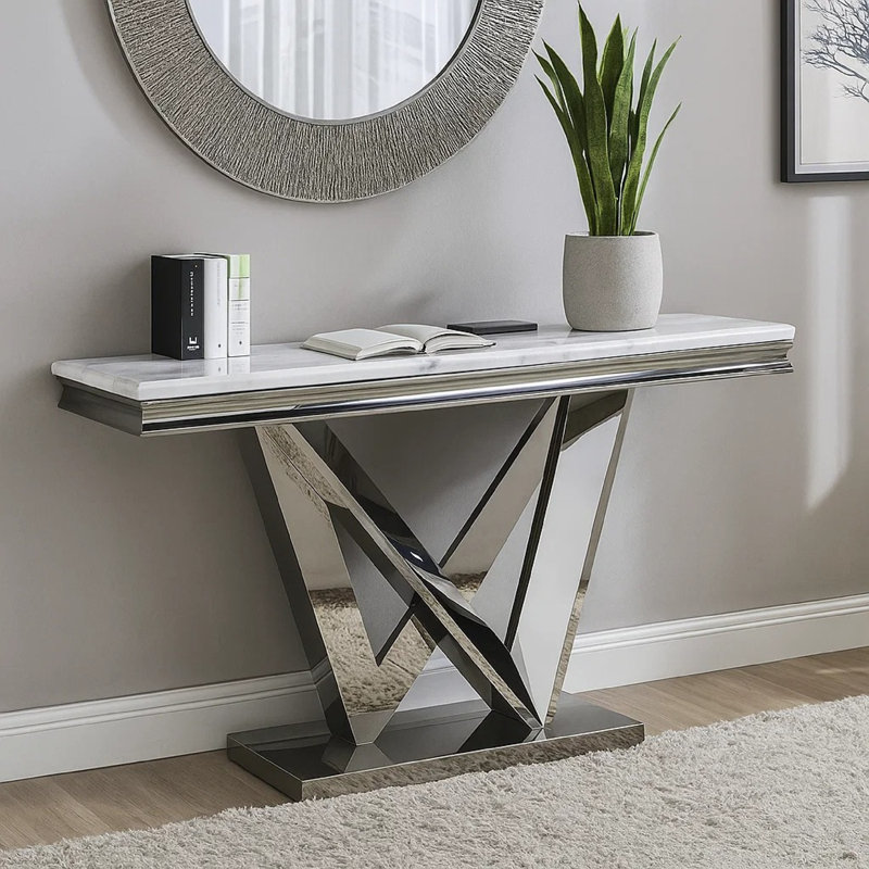Console de canapé Vily, faux marbre biseauté, base en V en acier chromé