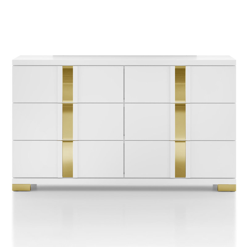 Commode 6 tiroirs Clemson Tereza, Blanc / Doré