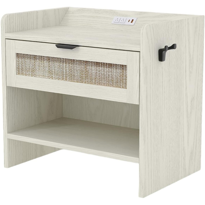 Table de chevet en rotin, table de chevet, table de chevet Boho avec station de charge Type-c, 1 tiroir de rangement, Blanc