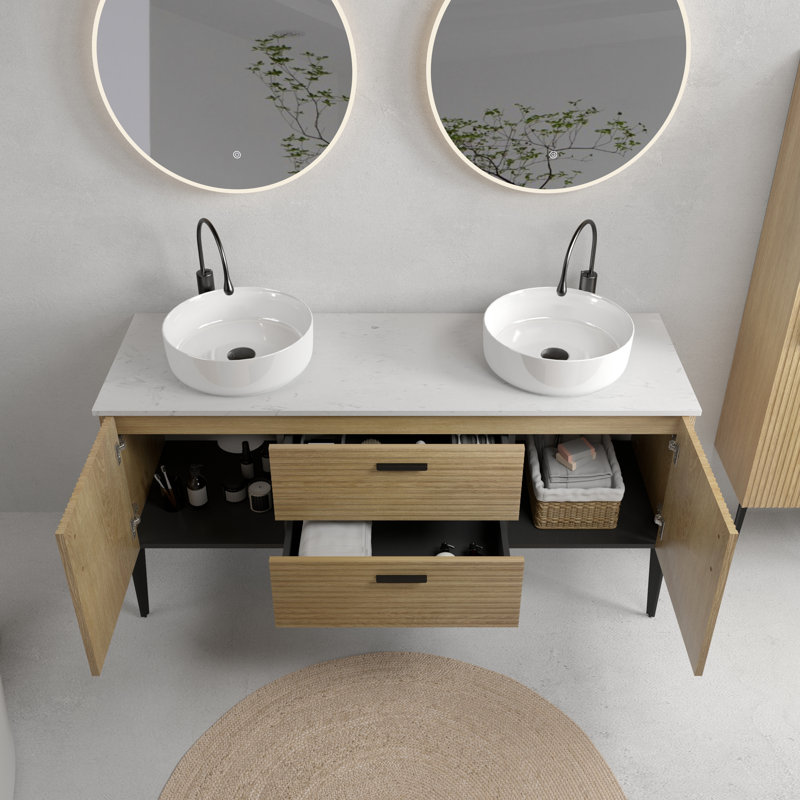 Meuble-lavabo sur pied en chêne naturel rayé avec lavabo en céramique 60 po Emilia