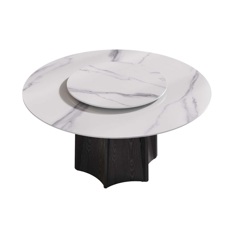 Modern Round Artificial Marble Dining Table with Artificial Stone Turntable & Black Textured Solid Wood Base(Dining Table Only)