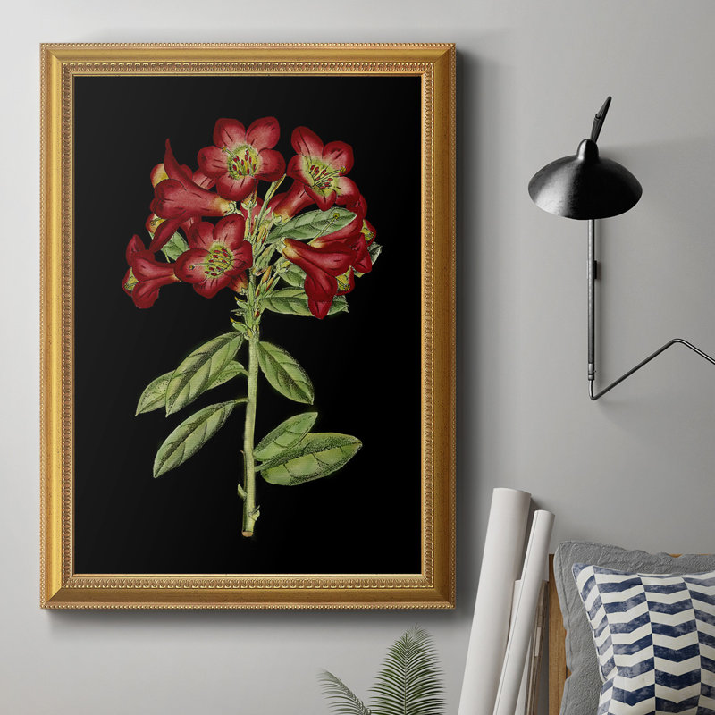 Fleurs cramoisies sur toile de qualité supérieure noire (A) IV - prête à être accrochée, H 20 po x l 16 po x P 2,5 po