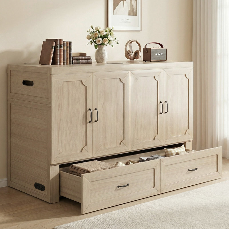 Lit escamotable convertible avec rangement et station de recharge, Bois naturel