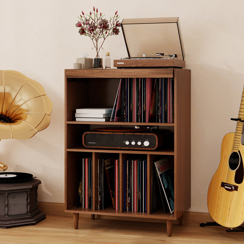 Record Player Stand With Vinyl Storage, Flip Top Media Cabinet, Audio-Video Stereo Cabinet，Mid-Century Turntable Table With Open Storage For Living Room, Bedroom, Walnut