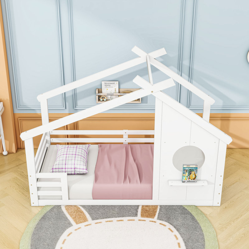 Lit maison avec fenêtre et tablette, rails, Simple, Blanc