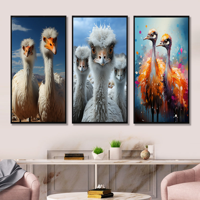 Autruche «Harmony Portrait - Autruches», ensemble de 3 reproductions d'art mural, Cadre flottant noir, H 40 po x l 60 po
