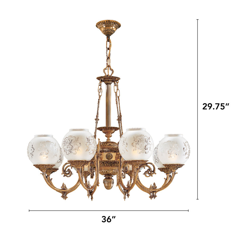 Antique Brass 8-Light Chandelier with Frosted Etched Glass Shades