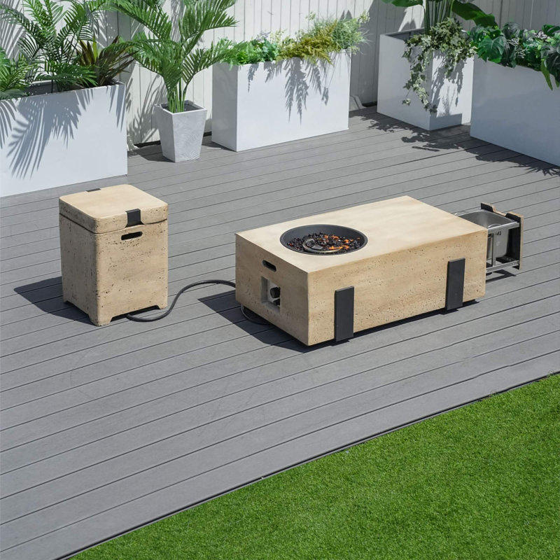 Firepit Table Set With Stainless Steel Ice Bucket & Gas Tank Side Table, Brown