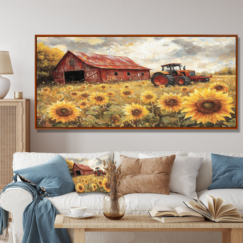 «Divena Sunflowers And The Tractor Shed II» - Art mural tournesols, Brun, H 28 po x l 60 po, Impression encadrée flottante