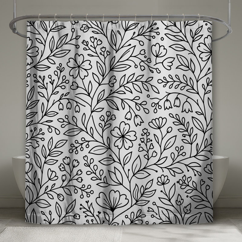 Rideaux de douche noirs et blancs à motif floral très longs, L 70 po x H 84 po