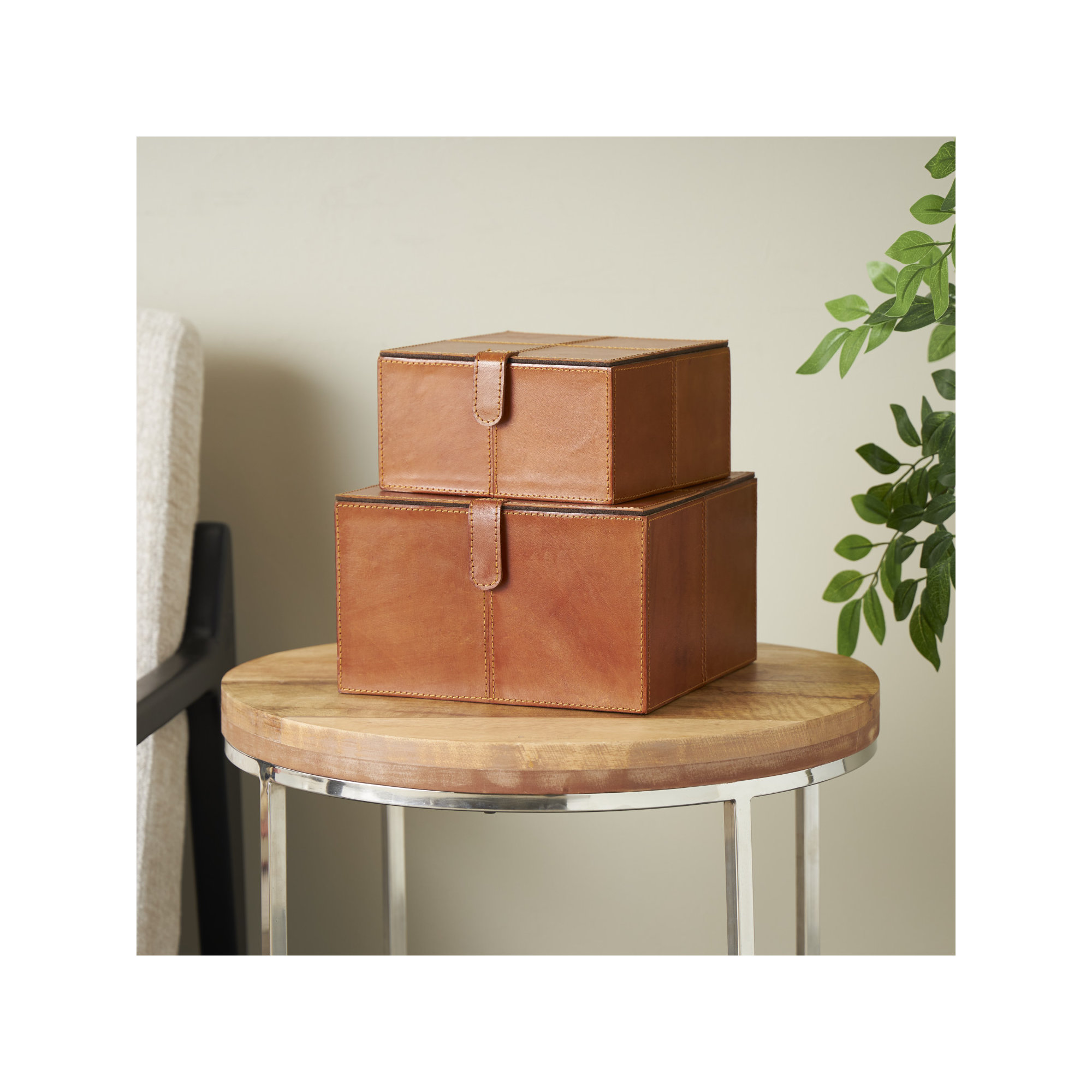 Brownsburg 2 - Piece Handmade Faux Leather Decorative Box, 6.05" H x 10.15" W x 9.9" L, Cognac Brown