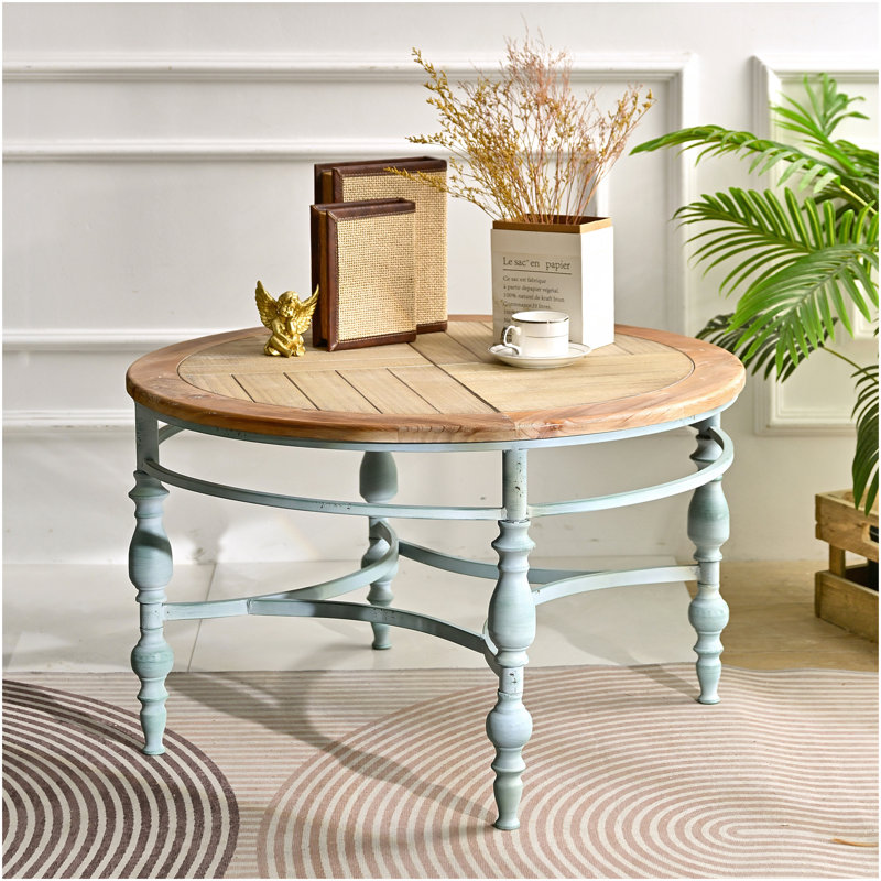 31,50 "Table basse décorative rustique en bois sculpté, table de bout ronde à pieds en métal à assemblage facile pour le salon