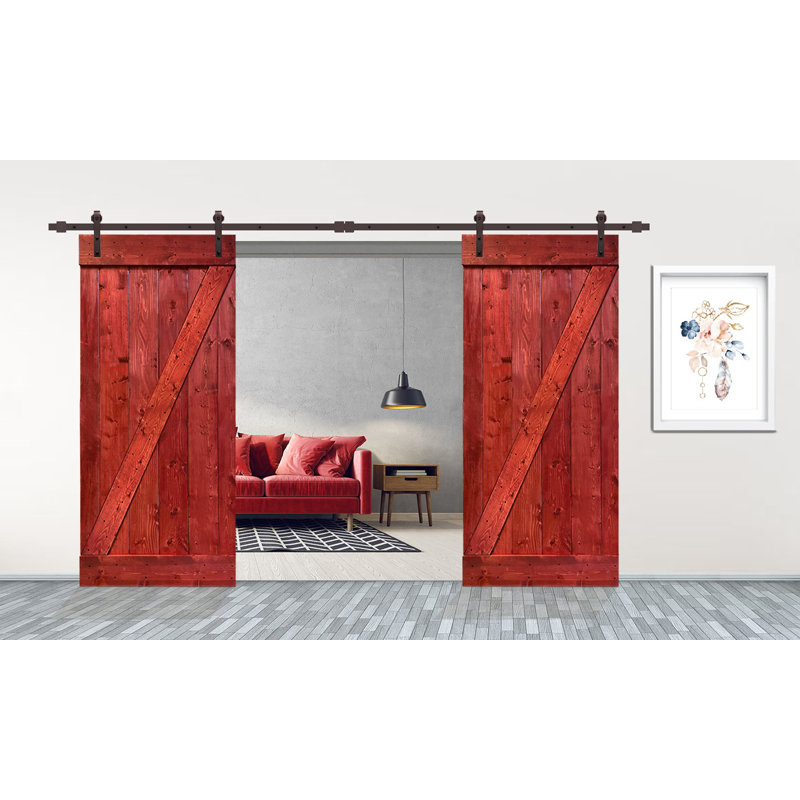 Porte de grange lambrissée peinte en bois et métal, Rouge cerise, 42 po x 84 po