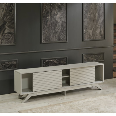 2 armoires à portes coulissantes et 2 tablettes pour meuble télé de style Mid-Century gris de 67 pouces, meubles de salon gris, bois massif