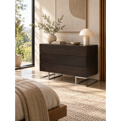 Commode moderne à 3 tiroirs avec pieds en acier inoxydable - placage de bois espresso ou noyer ou finition blanche ultrabrillante