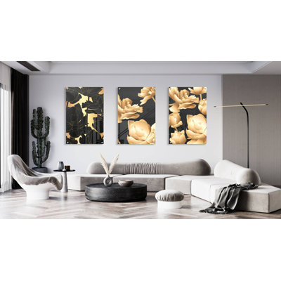 Golden Flowers - 3 Piece Unframed Print Set