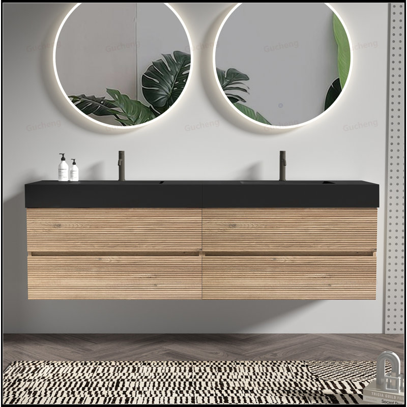 72Inch Double Sinks Wall Mounted Bathroom Vanity With Engineered Quartz Sink, 72"