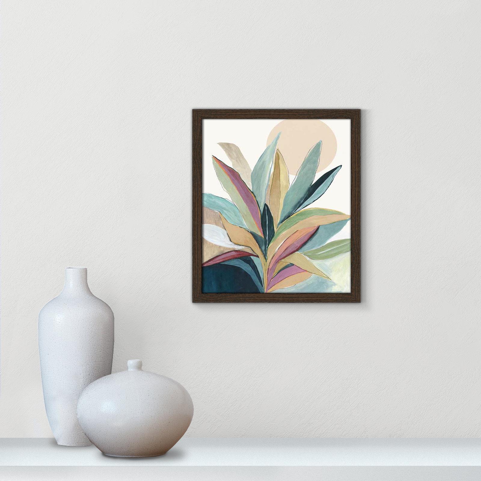 Sunny Bright Leaves I by Asia Jensen, 15" H x 13" W x 0.75" D, Walnut Slim Unmatted Picture Framed