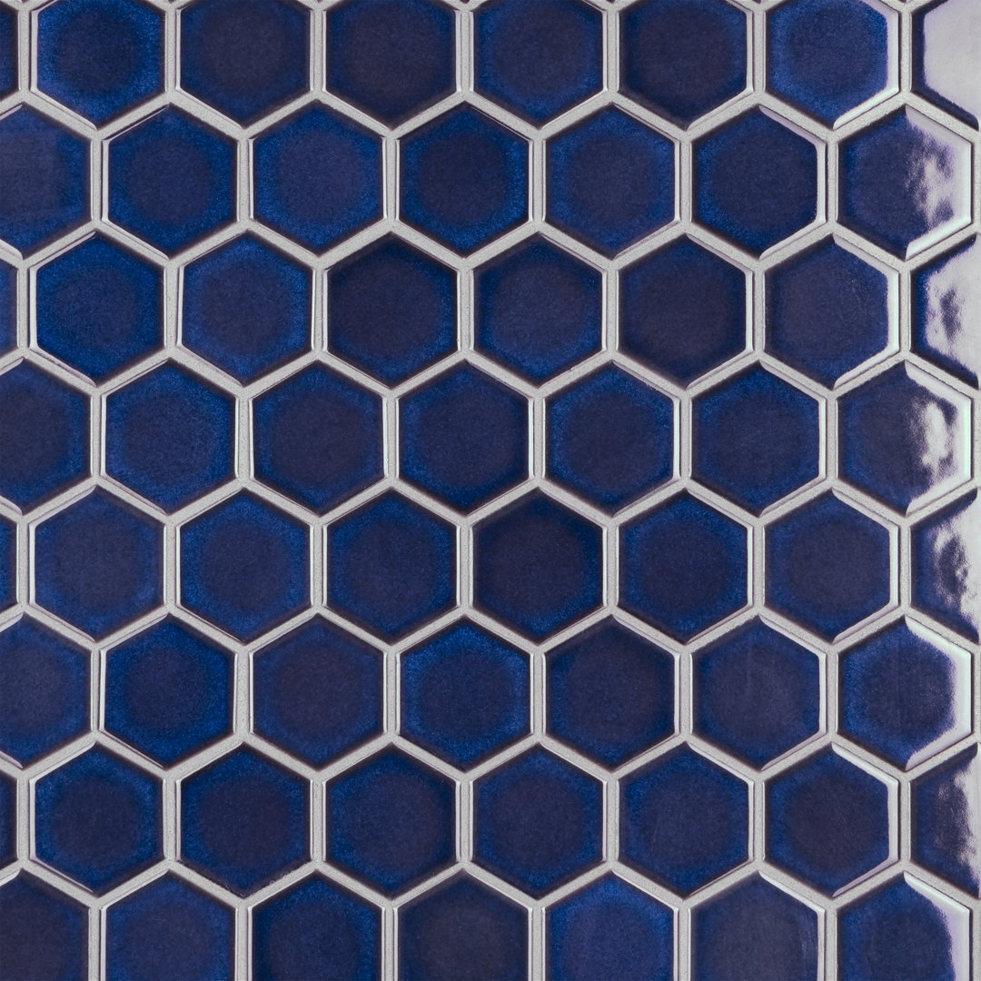 Tribeca 2" Hex Glossy Cobalt 11-1/8" x 12-5/8" Porcelain Mosaic Floor and Wall Tile Merola Tile