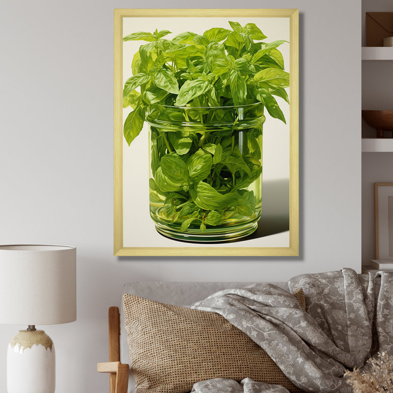 «Green Minimalist Herbal Harmony II - Floral Herbs», art mural, H 20 po x l 12 po x P 1 po, Cadre doré simple