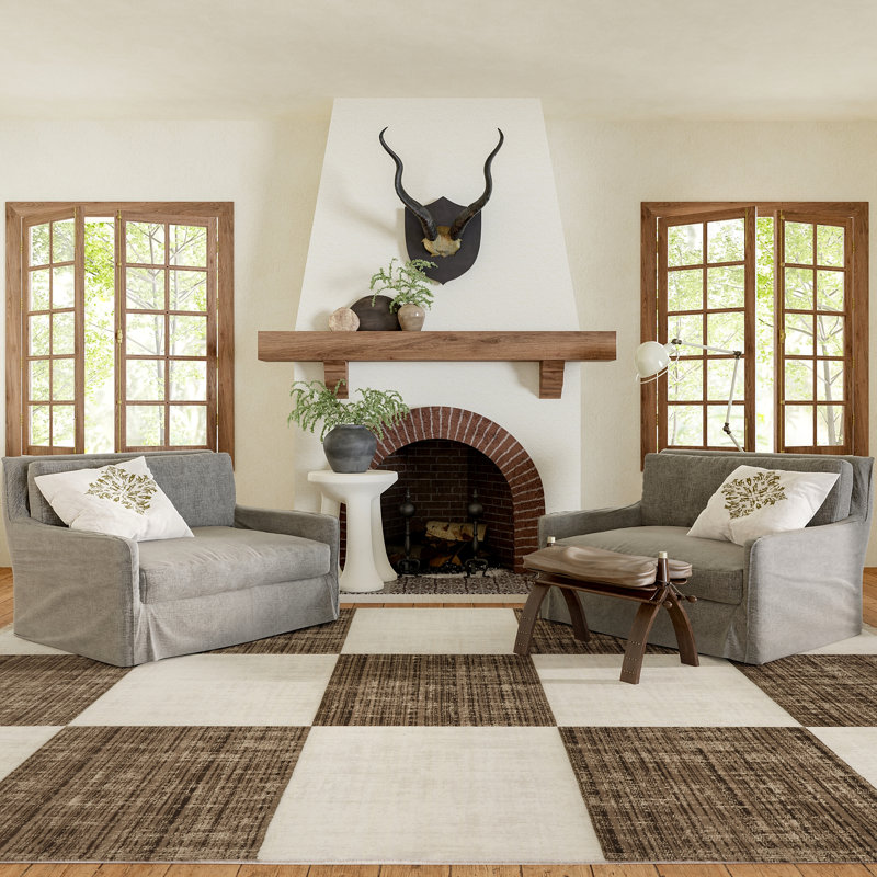Aspen Checkerboard Fringed Brown and Off-White 8' x 10' Area Rug