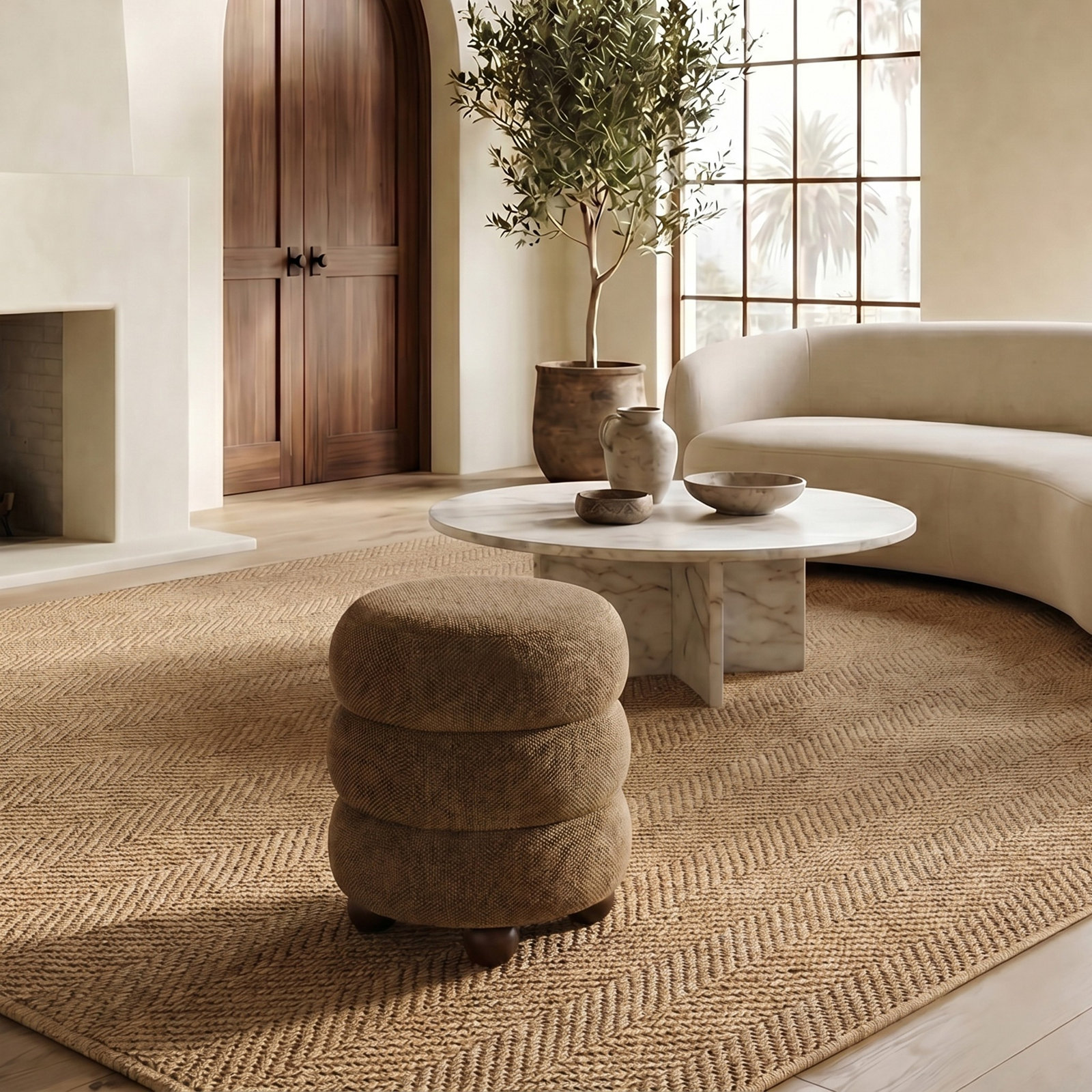 Dalisha 17" Velvet Round Ottoman, Walnut, Dark Brown Chenille
