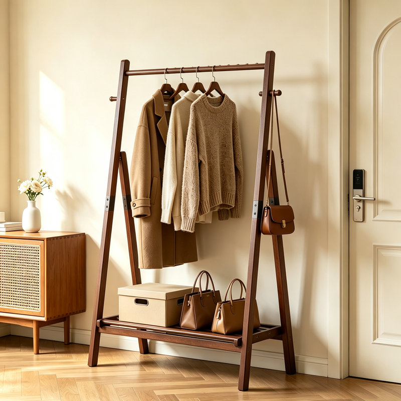 Portant à vêtements autoportant en bois massif, en forme de A, avec étagère de rangement inférieure et crochets latéraux, idéal pour la chambre, l'entrée, le couloir et la buanderie (noyer).