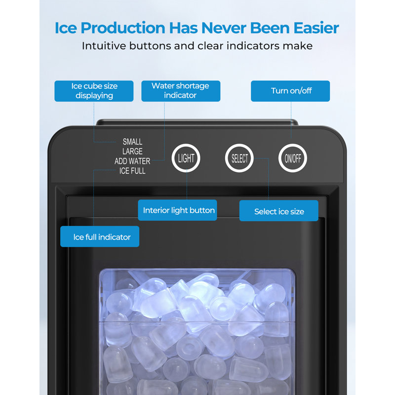 Narrow Ice Maker with Viewing Window, Blue Light, 12kg/24h, Bullet Ice, Self-Cleaning, 17cm