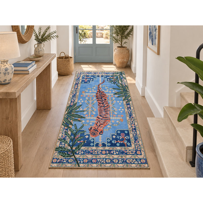 Tapis bleu / rouge en polypropylène tissé à la machine Rositha, Rectangle 2 pi 7 po x 4 pi 11 po