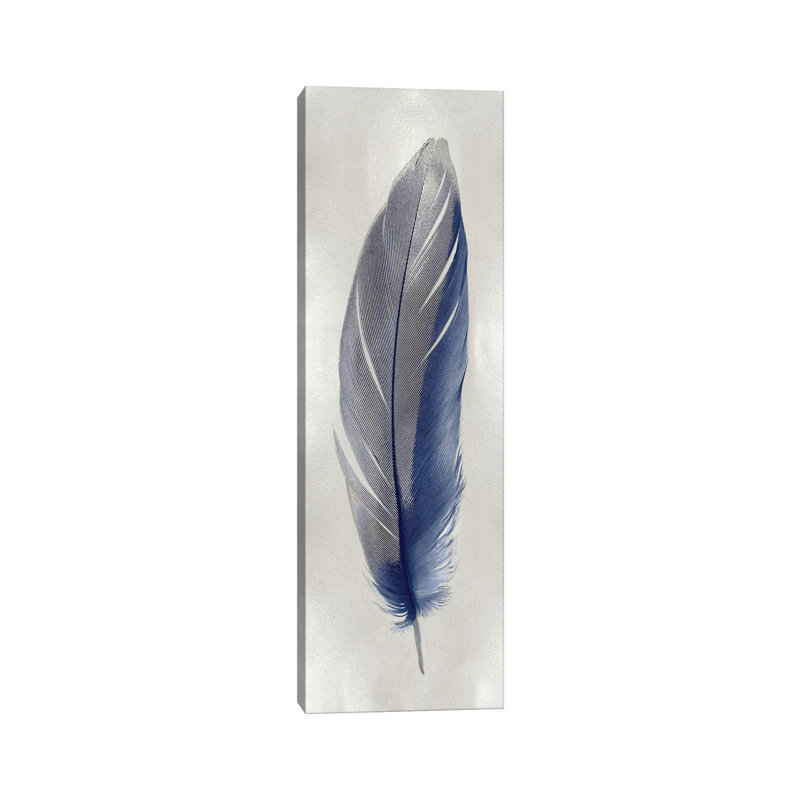 Blue Feather On Silver II by Julia Bosco - Panoramic Gallery-Wrapped Canvas Giclée on Canvas, Wrapped Canvas