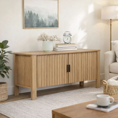 Hay TV Media Console, 47 Inch, 2 Doors W Adjustable Shelves, Beige by Benjara