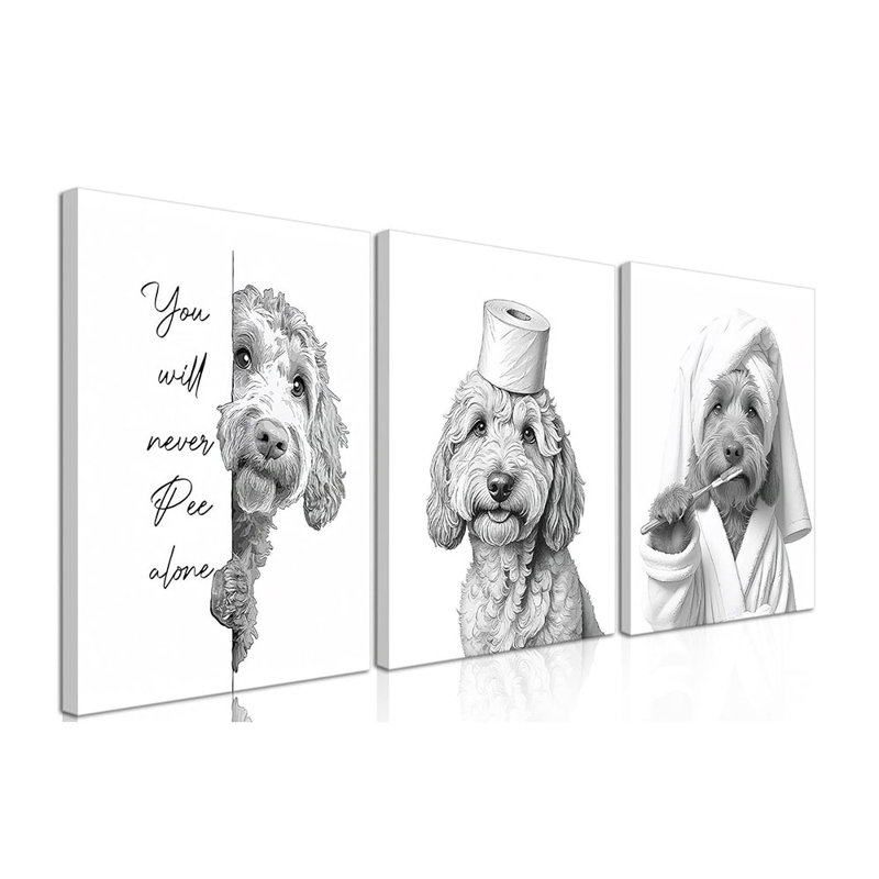 Framed Funny Bathroom Canvas Wall Art Set Of 3,  Cute Dog Pictures Wall Decor, Humor Animal Paintings Toilet Signs Prints Home Decor For Restroom 12X16 Inch
