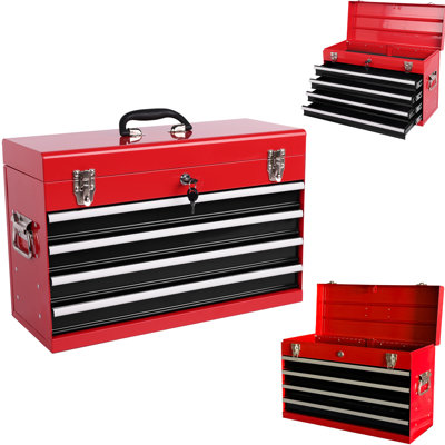 Boîte à outils portative en acier de 21 pouces avec 4 tiroirs, verrouillage automatique pour la sécurité, doublures, fonctionnement en douceur, boîte en métal robuste rouge et noir, système, rembourrage, charnière, commode