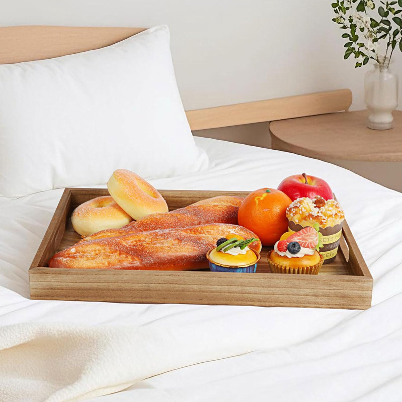 Rustic Wooden Portable Serving Tray – High-Edge Snack & Breakfast Platter with Polished Handles
