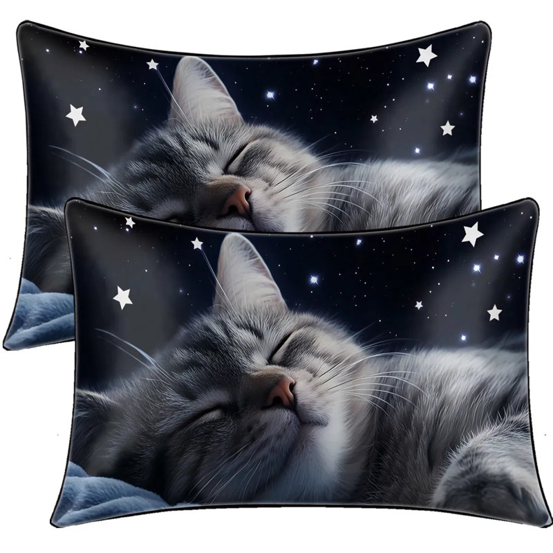 Set Of 2 Cat & Starry Sky Satin Pillowcases – Skin-Friendly, Wrinkle-Resistant Bed Pillow Covers For All Seasons，102X50Cm