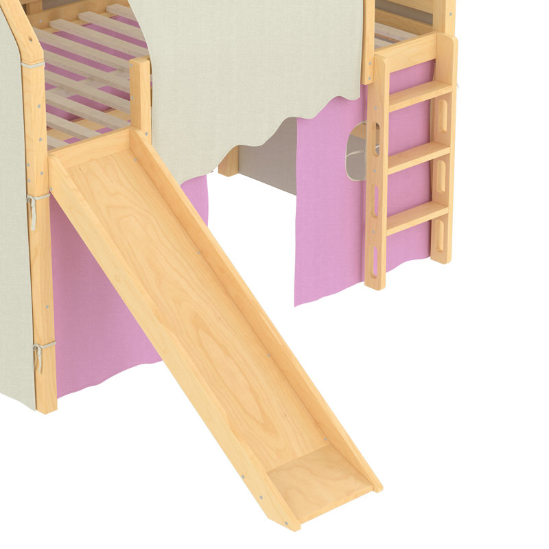 Full Size House Loft Bed With Sills And Tents, Solid Wood Loft Bed With Ladders And Slide, Chic Design With Lights, No Box Spring Needed, Natural+pink