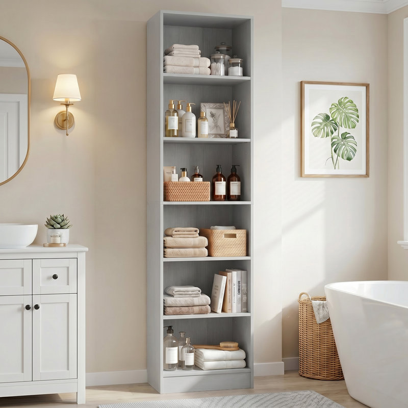 Grande armoire de rangement ouverte à 6 niveaux avec étagère à linge étroite pour salle de bain avec tablettes, Grey