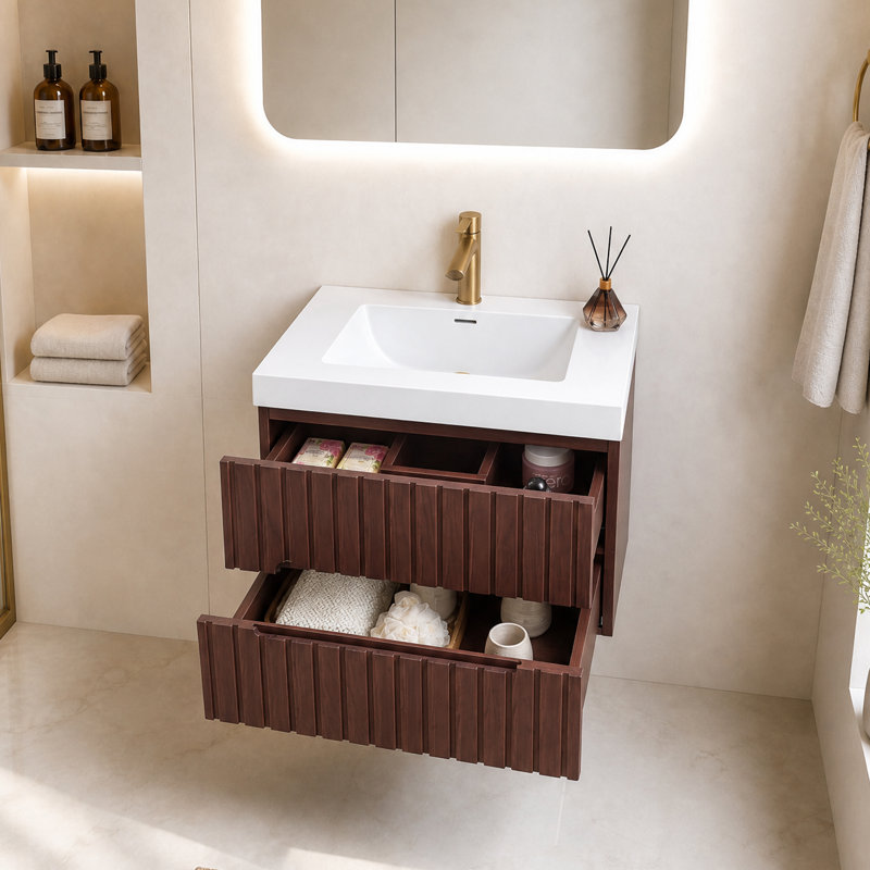 Meuble-lavabo suspendu de 61 cm (24 po) avec lavabo intégré en acrylique, 2 tiroirs et fini noyer foncé, 24"