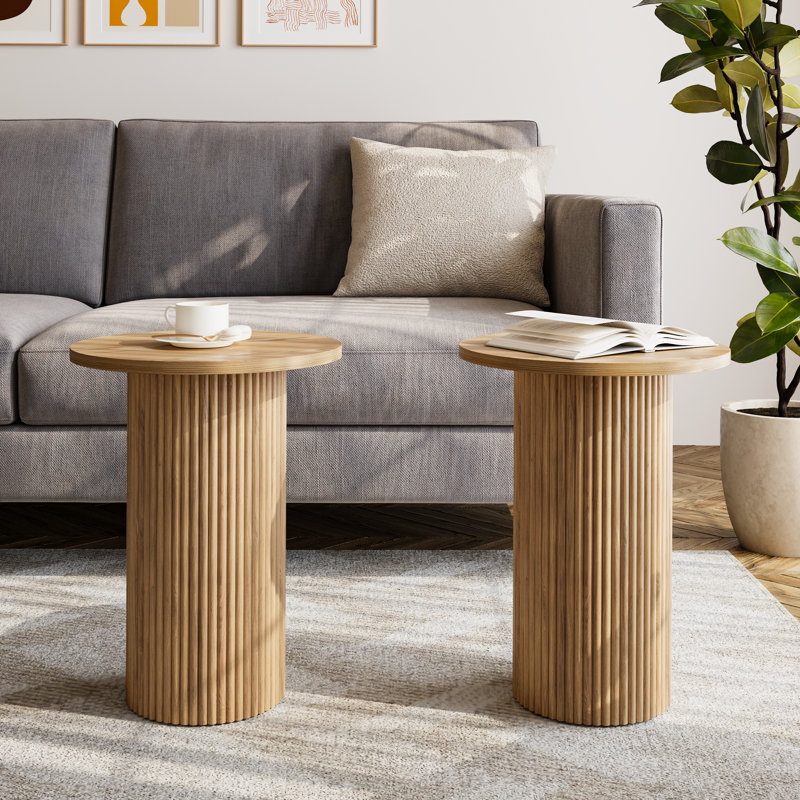 Pedestal Wood Round End Table Set Drum Side Table (Set of 2), Beige